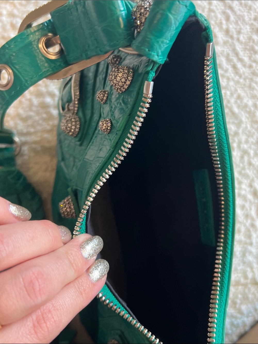 Balenciaga Calfskin Crystal Crocodile Embossed Le Cagole Shoulder Bag XS Jade - Picture 9 of 12